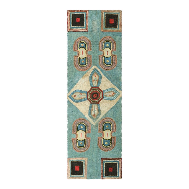 Antique Hooked Runner Rug in Blue With Geometric Medallions | Rug & Kilim For Sale