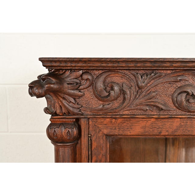 R. J. Horner Style Victorian Oak Double Bookcase With Carved Lion Heads and Paw Feet, Circa 1890s For Sale - Image 9 of 13