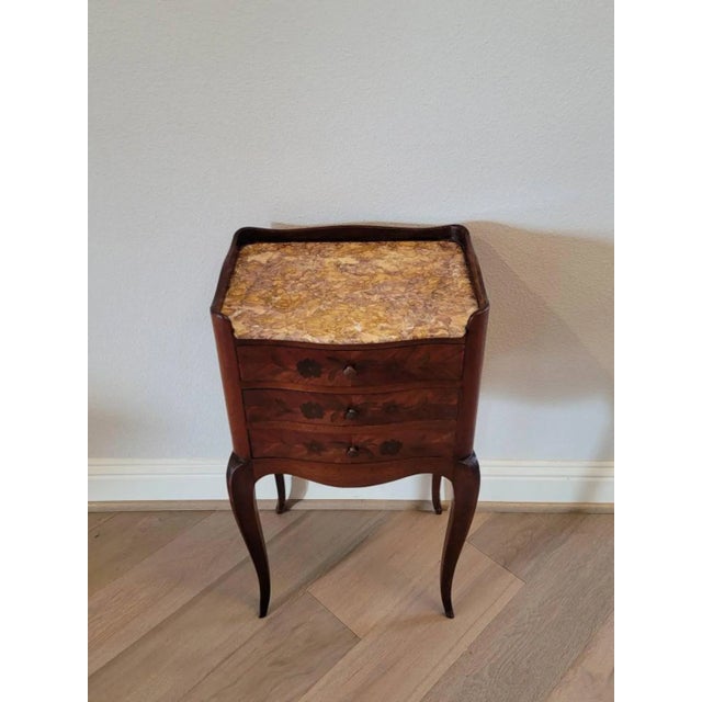 19th Century French Louis XV Style Marquetry Inlaid Marble Top Nightstand For Sale - Image 4 of 13