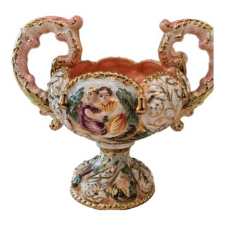 Vintage Italian Hand-Painted Porcelain Gilt Two-Handle Pedestal Compote For Sale