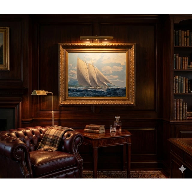 Large fine quality oil painting by listed American artist Louis Macouillard 1913-1987. This marine painting depicts a...