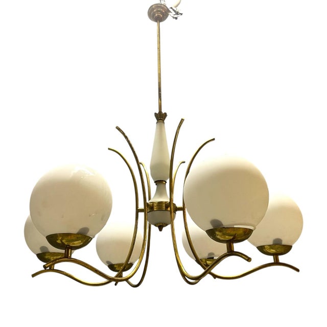 White Opaline Glass and Brass Chandelier, 1960s For Sale - Image 12 of 12