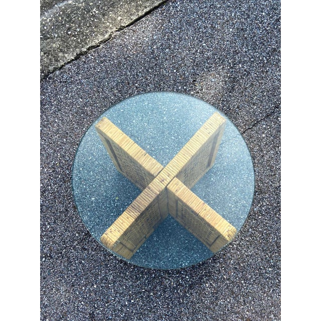 Boho Petite Side Table or Coffee Table | Interlocking Rattan Block Base With Glass Top For Sale - Image 12 of 12