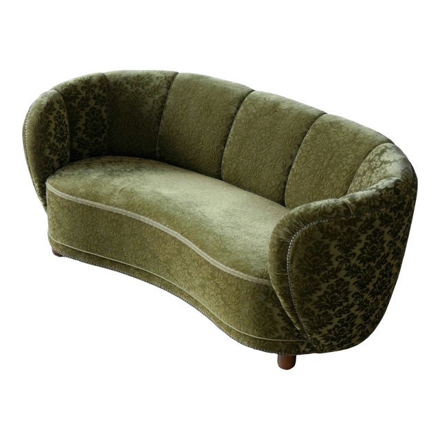 Danish 1940s Banana Shaped Curved Sofa Covered in Original Velvet