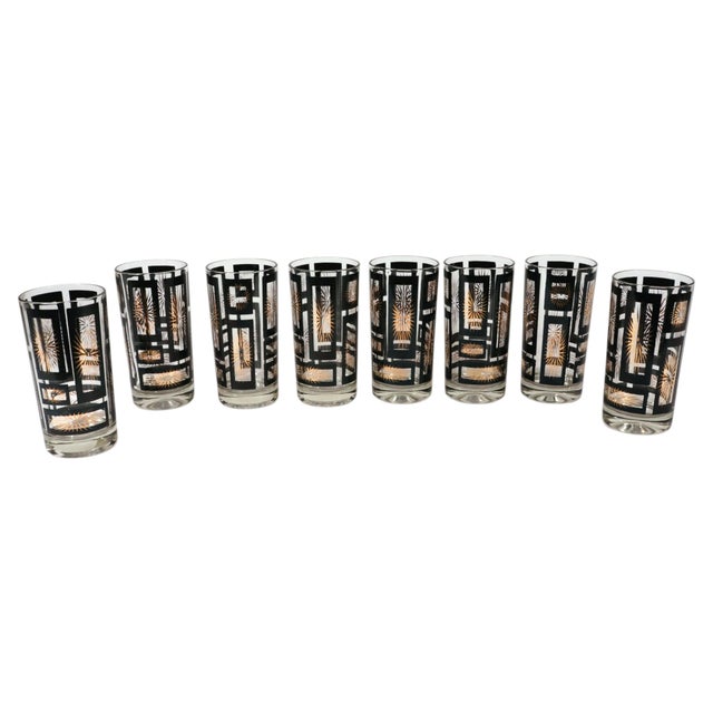 1950s Mid-Century Modern Black and Gold Atomic Starburst Highball Glasses in Holder, Set of Eight - 9 pcs For Sale - Image 16 of 17