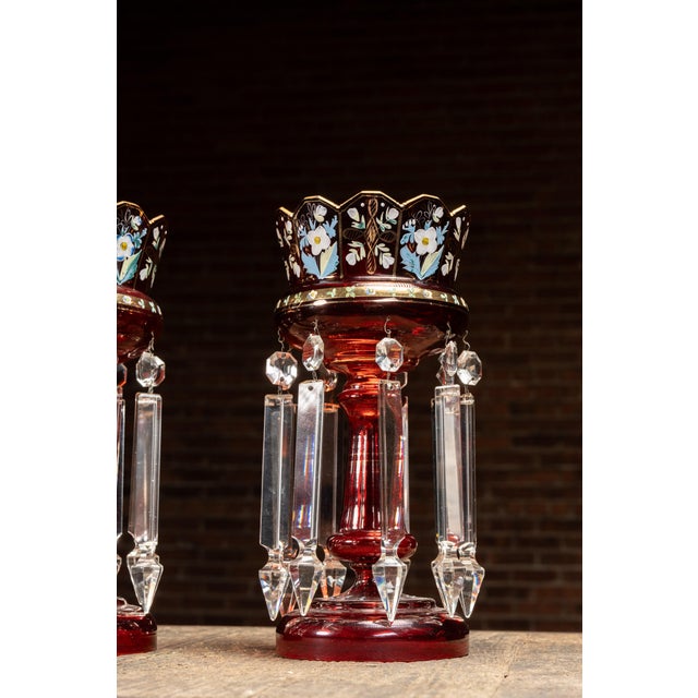 Late 19th Century Pair of 19th Century Bohemian Ruby Glass Mantle Lusters With Prisms For Sale - Image 5 of 10