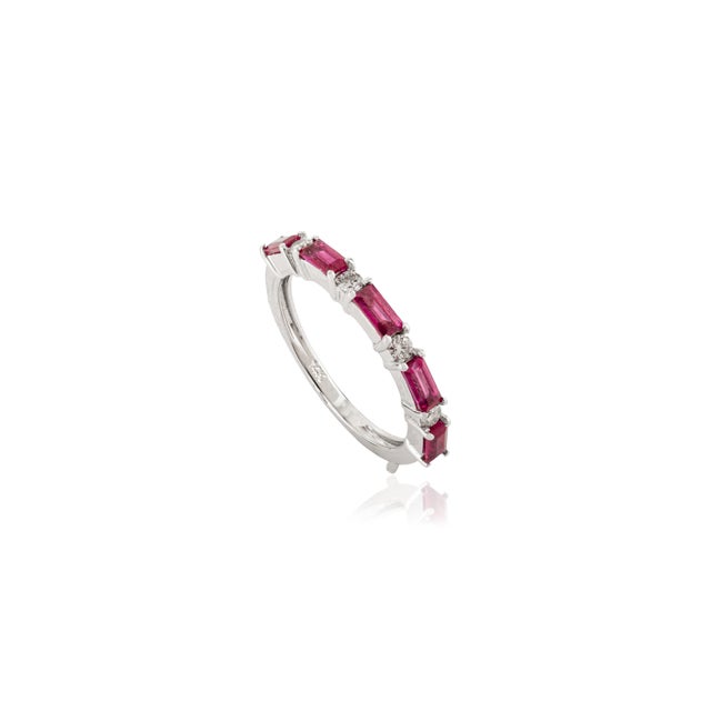Modern 14k White Gold Minimal Baguette Ruby & Diamond Stackable Half Eternity Ring in Size 7 For Sale - Image 3 of 14