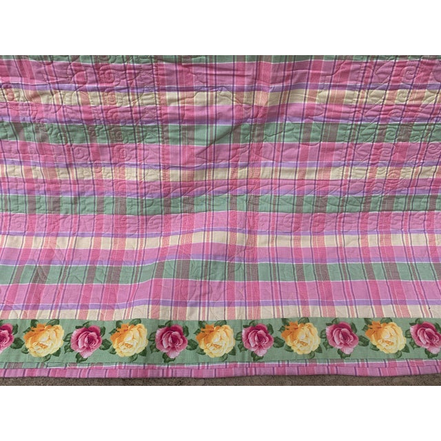Pink Vintage 1990’s Floral Patchwork Quilt Pink Green Yellow Roses Reversible to Pink Multi Seersucker Motifs 68” X 53” Twin For Sale - Image 8 of 12