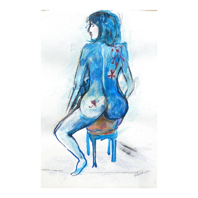 Martha Holden "Blue Nude" Contemporary Figurative Blue and White Ink Drawing For Sale