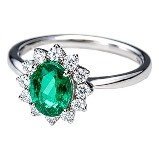 18K White Gold Emerald Diamond Engagement Ring Estate For Sale