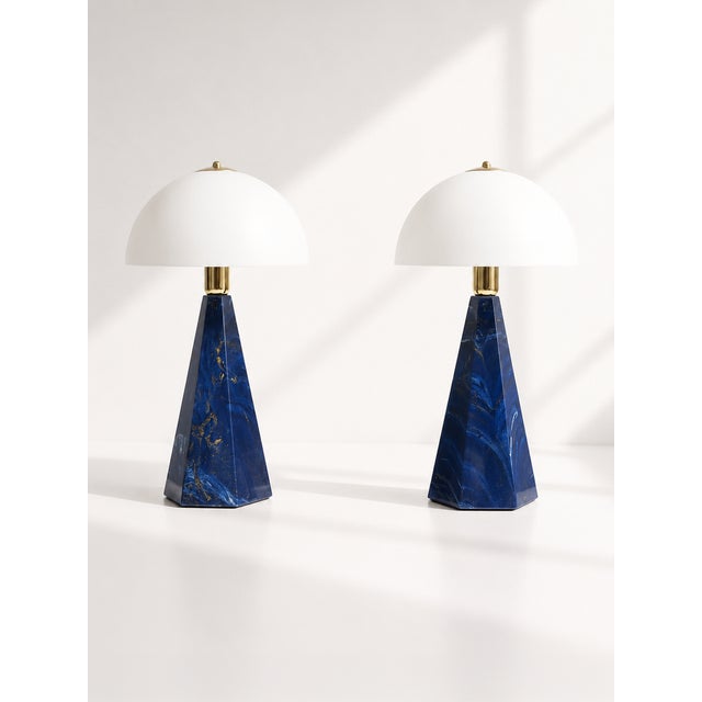 Postmodern Art Deco Revival Italian Prisma Table Lamps in Blue Marble and Opal Glass, 1990s, Set of 2 For Sale - Image 6 of 6