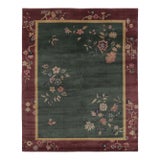 Rug & Kilim’s Chinese Art Deco Inspired Rug, Deep Forest Green With Florals For Sale
