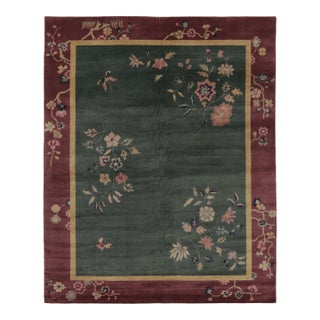 Rug & Kilim’s Chinese Art Deco Inspired Rug, Deep Forest Green With Florals For Sale