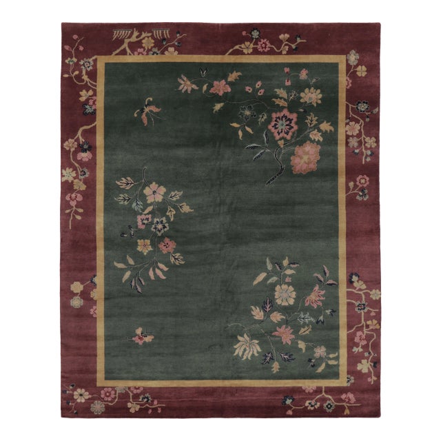 Rug & Kilim’s Chinese Art Deco Inspired Rug, Deep Forest Green With Florals For Sale