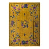 1920s Bold Yellow Floral Modernist Antique Chinese Art Deco Knotted Rug Carpet For Sale