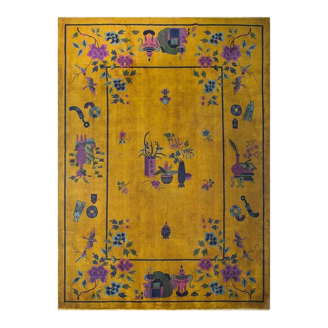 1920s Bold Yellow Floral Modernist Antique Chinese Art Deco Knotted Rug Carpet For Sale