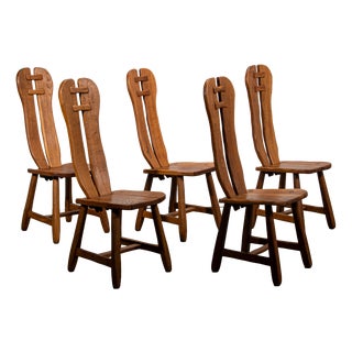 Vintage Brutalist Dinning Chairs in Oak from De Puydt, 1970, Set of 5 For Sale