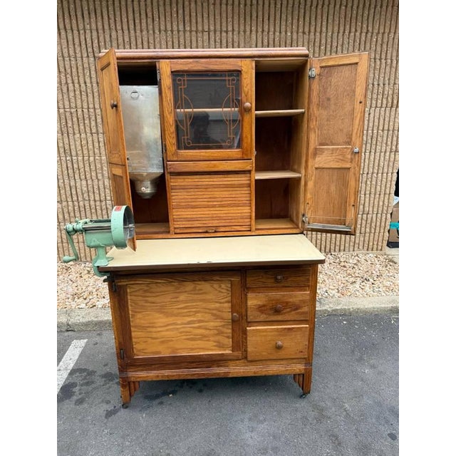 Antique Early 20th Century Farmhouse Kitchen Hoosier Oak Wood Pantry Cabinet or Cupboard with Pie Safe and Flour Sifter...