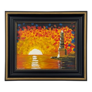 Original Lighthouse Sunset Painting Signed For Sale