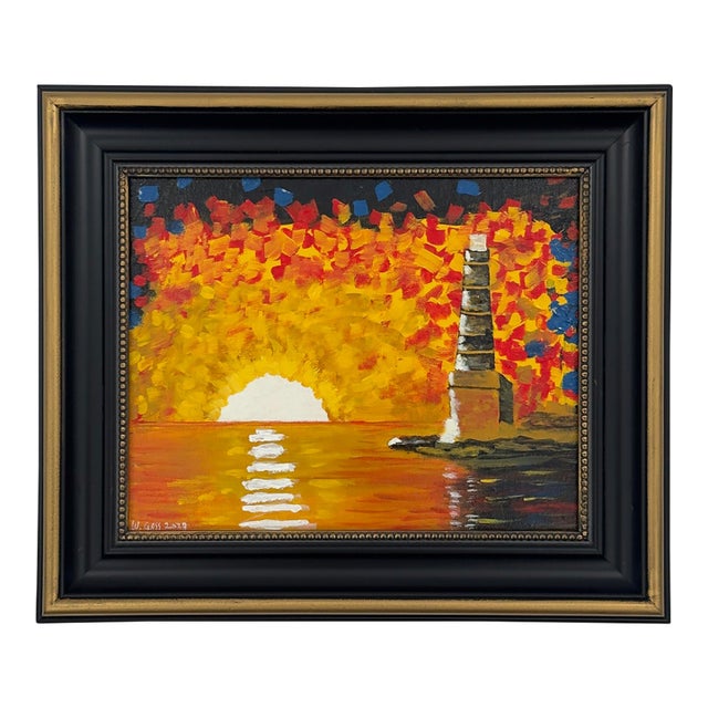 Original Lighthouse Sunset Painting Signed For Sale