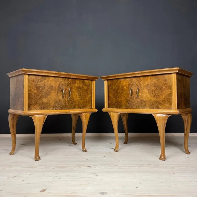 Pair beautiful bedside tables were made in the 1950s in Italy. Made of solid wood, plywood. Original fittings. They have...