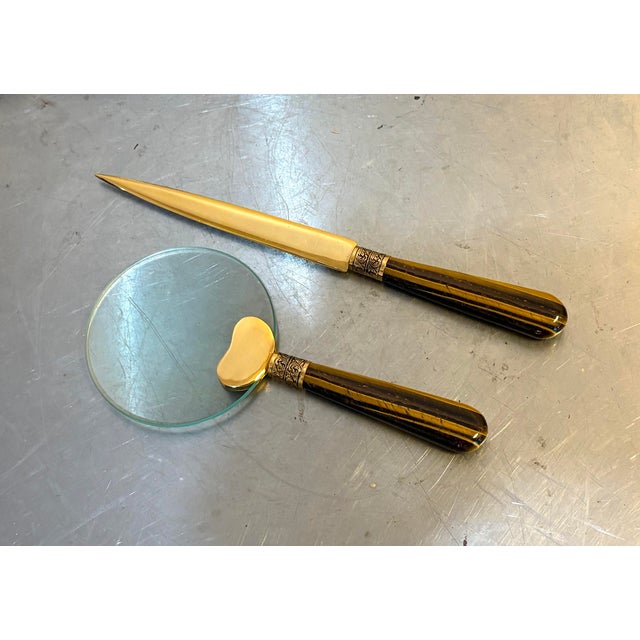 Gump's Tiger's Eye & Brass Magnifying Glass / Letter Opener Set For Sale - Image 6 of 8