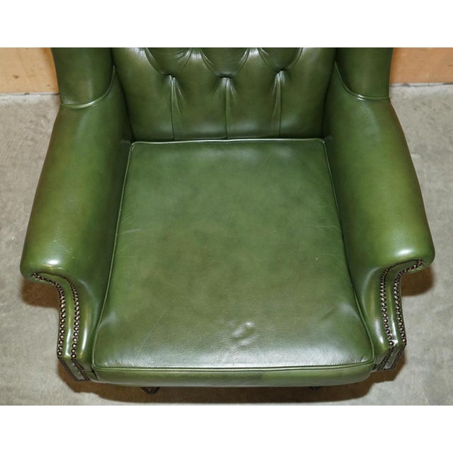 Animal Skin Chesterfield Wingback Swivel Chair in Green Leather For Sale - Image 7 of 18
