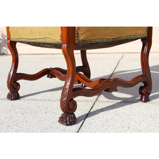 Antique French Louis XIV Style Armchair & Ottoman Set - Mid 19th Century Carved Lion Head Throne Chair With Original Yellow Upholstery For Sale - Image 13 of 18