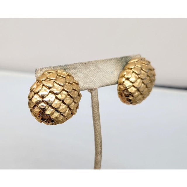 Givenchy Vintage 1980s Signed Givenchy Round Domed Goldtone Scales Pierced Earrings-2 Pieces For Sale - Image 4 of 6