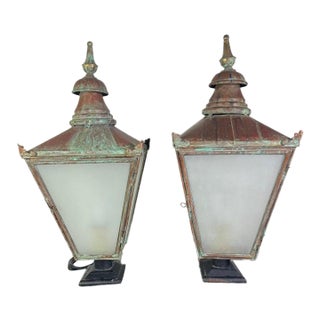 Pair of Monumental Antique Copper Street Lanterns With Verdigris Patina For Sale
