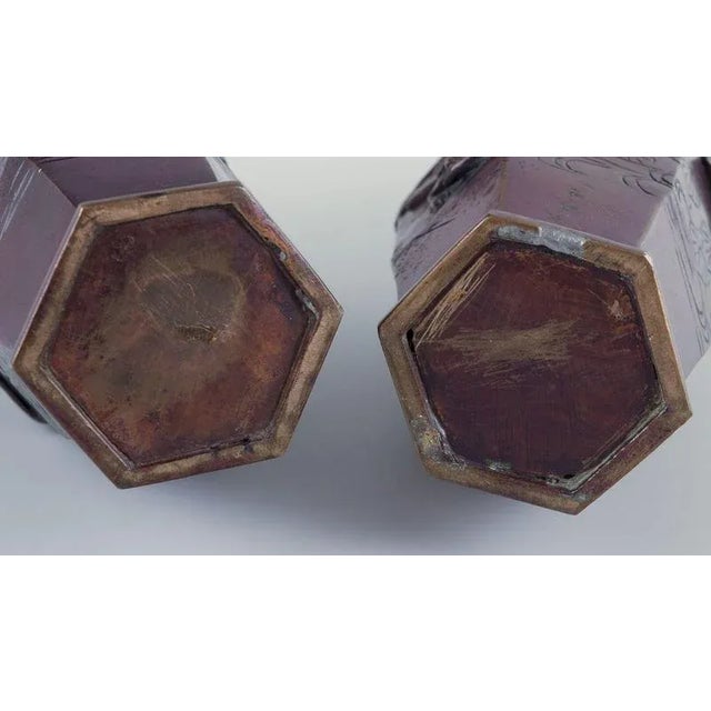 Black Japan Meiji Bronze Vases with Birds on Branches in Relief, Set of 2 For Sale - Image 8 of 9