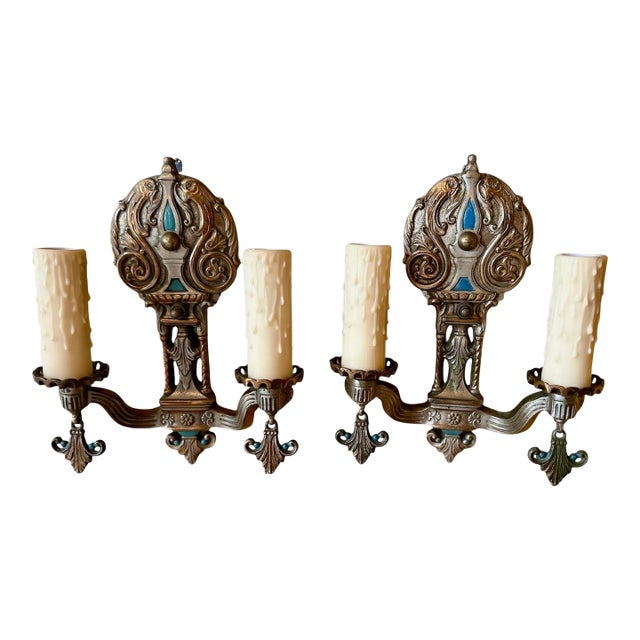 Pair of 1920's Original Polychrome Paint on Brass and Silverplate Double Sconces For Sale