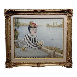 Suzanne Eisendieck - Woman Enjoying a Beer Overlooking the Lake-Oil Painting For Sale