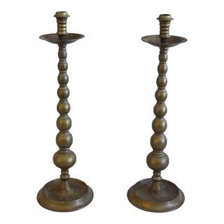 Large Antique English Brass Candlesticks - Pair For Sale