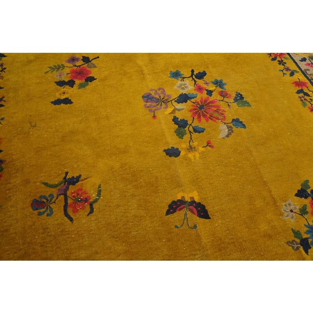 1920s Yellow Florid Antique Chinese Art Deco Carpet 7'2" X 9'10" Handknotted Wool Rug For Sale - Image 9 of 14