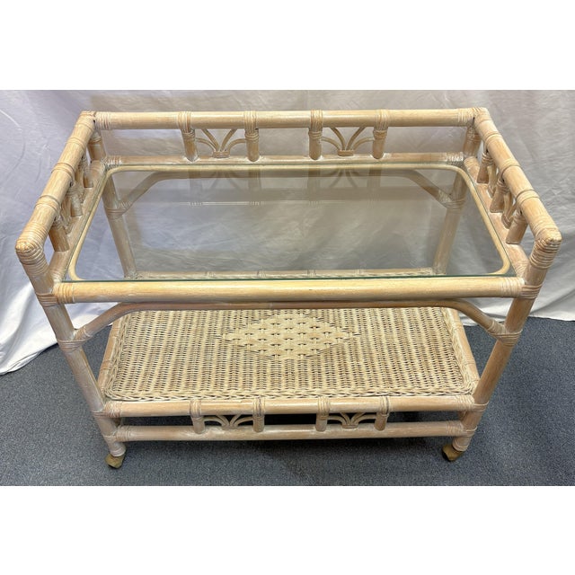 Boho Chic Vintage Palm Beach Chic Ficks Reed Style Rattan and Glass Rolling Bar Cart For Sale - Image 3 of 14