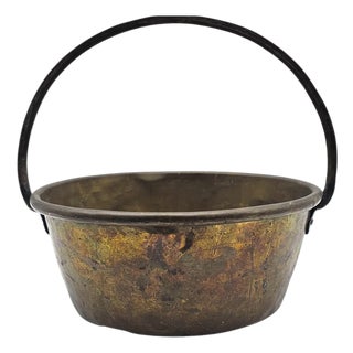 Antique Brass Hearth Bucket Coal Cauldron With Iron Handle, Farmhouse French Country, 13.5" For Sale