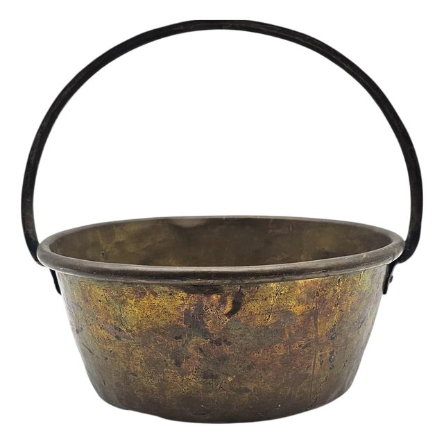 Antique Brass Hearth Bucket Coal Cauldron With Iron Handle, Farmhouse French Country, 13.5" For Sale