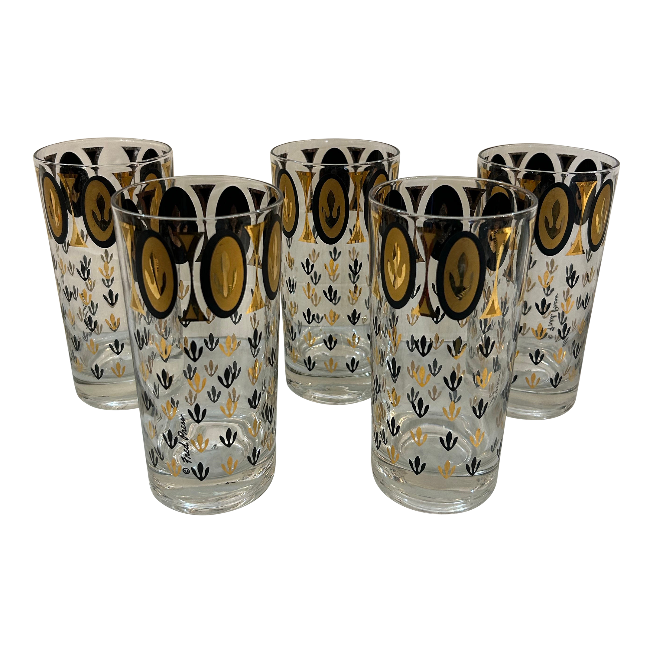 Fred Press 1950s Highball Cocktail Glasses With Applied 24k Gold and Paint  Set of 5 Signed