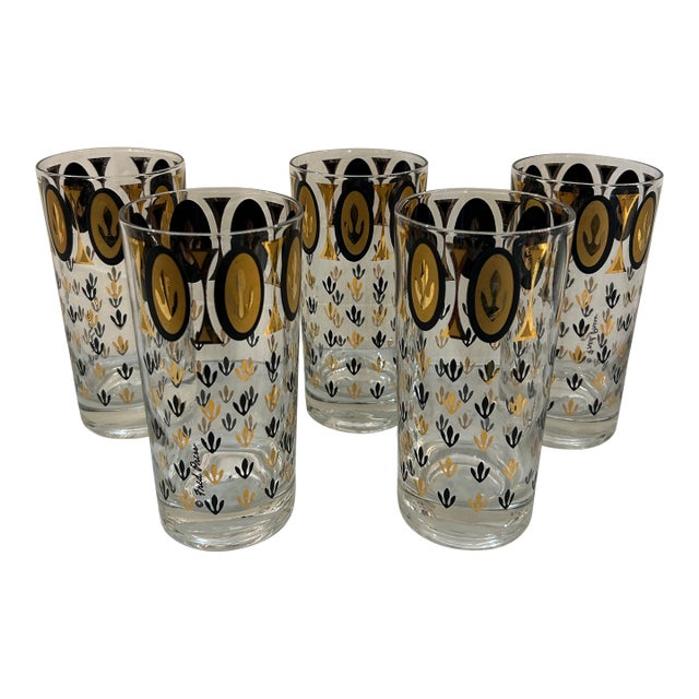 Fred Press 1950s Highball Cocktail Glasses With Applied 24k Gold and Paint Set of 5 Signed For Sale