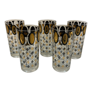 Fred Press 1950s Highball Cocktail Glasses With Applied 24k Gold and Paint Set of 5 Signed