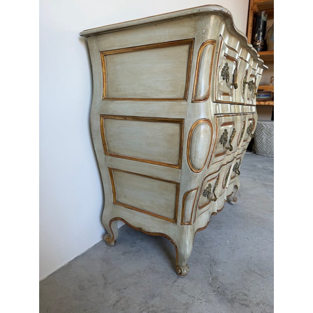 Vintage Louis XV Style Bombe Chest of Drawers in Painted Finish With Ornate Brass Hardware For Sale - Image 10 of 12
