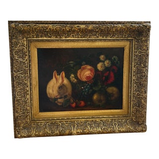 1950s Vintage Rabbit Oil Painting, Framed For Sale