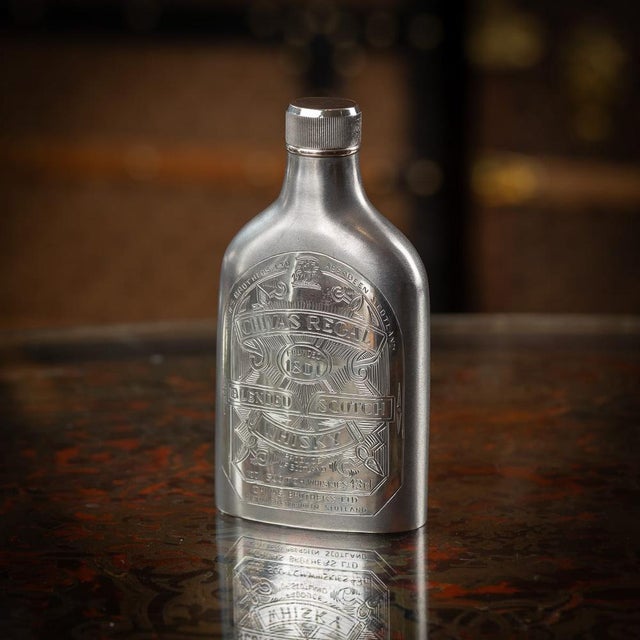 Modern 20th century novelty solid silver chivas regal whisky bottle. A large and heavy-gauge piece of rounded form with a...