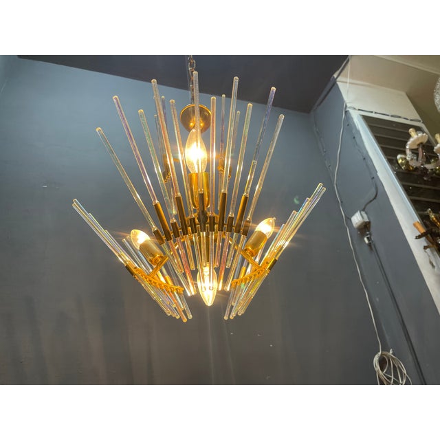 Murano Glass Rod Brass Chandelier by Gaetano Sciolari, Italy, 1970s For Sale - Image 9 of 12