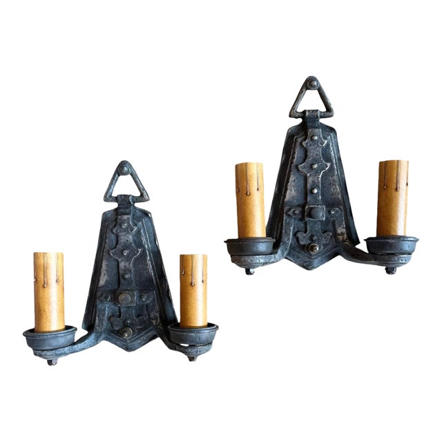 Vintage Hammered Pewter Double Sconces Circa 1920’s For Sale
