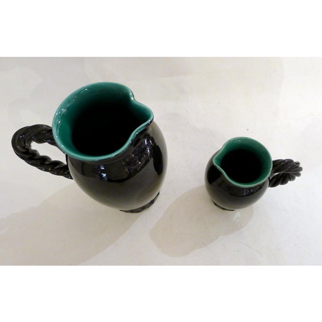 Mid-Century Modern Mid-Century 2-Tone Earthenware Pitchers with Braided Handles by Grandjan-Jourdan for Vallauris, 1950s, Set of 2 For Sale - Image 3 of 14
