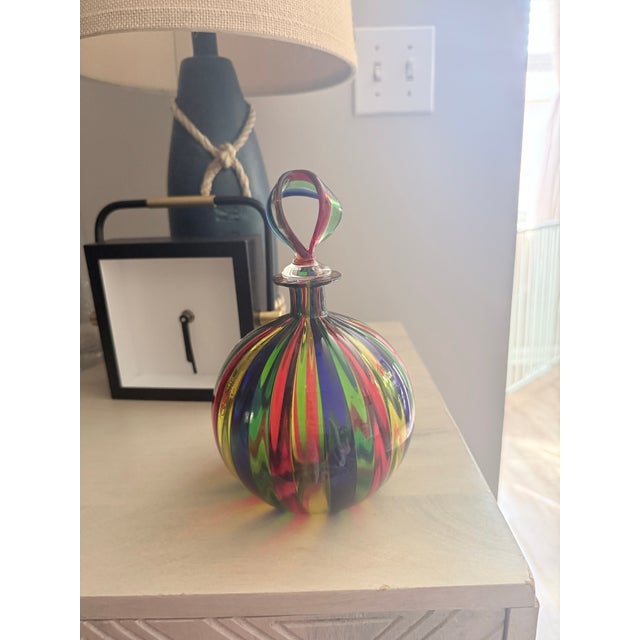 Murano Hand Blown Multicolor Striped Art Glass Decorative Bottle Venice For Sale In West Palm - Image 6 of 7