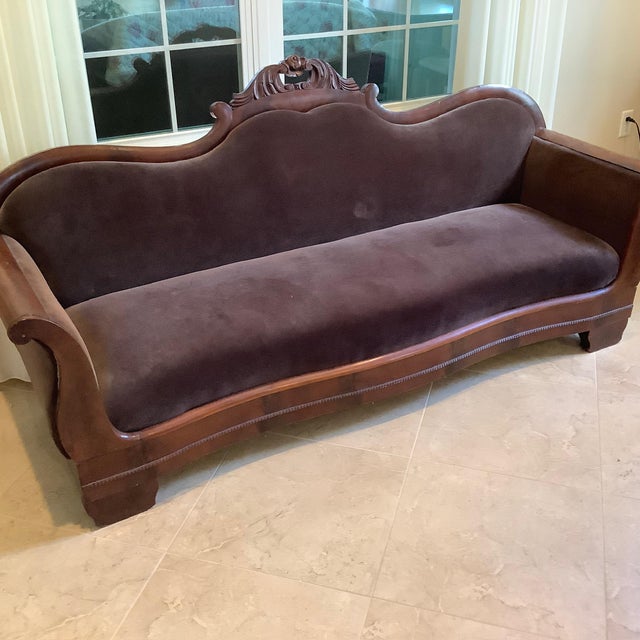 Vintage 19th Century Empire/Regency Sofa. Beautiful burl Walnut rolled arms, Brad tack trim, velour fabric in excellent...