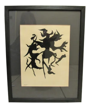 Mid-Century Modern Abstract Original Ink Painting Signed Clint